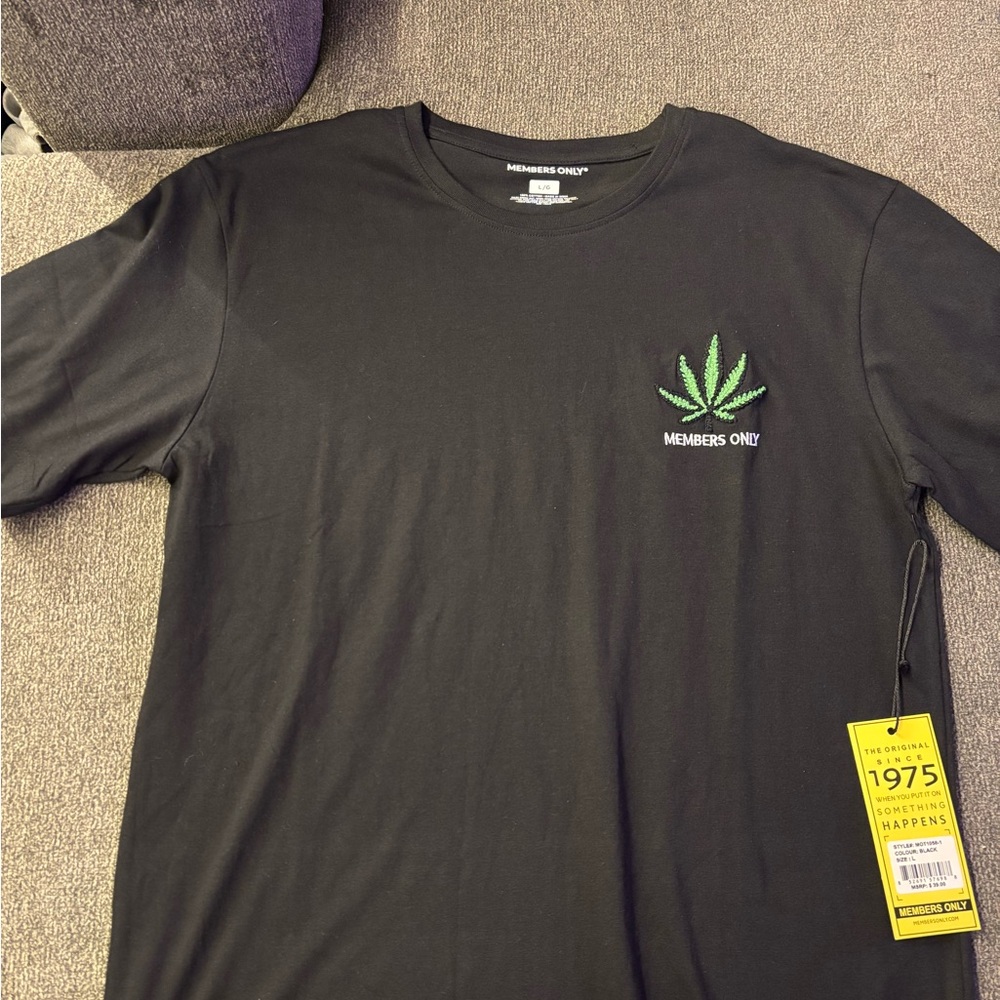 Members Only Black T-Shirt with Green Leaf Design